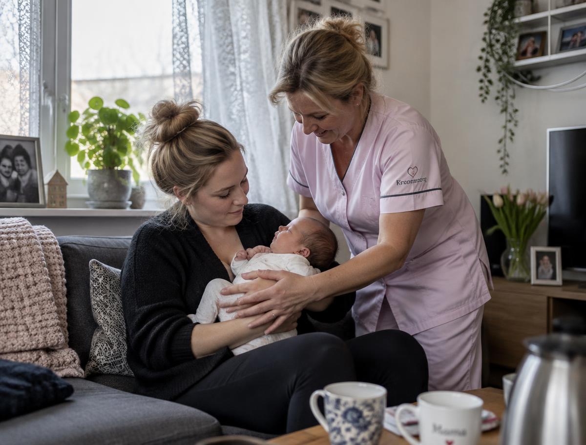 Kraamverzorgster helpt een moeder met haar pasgeboren baby in huis