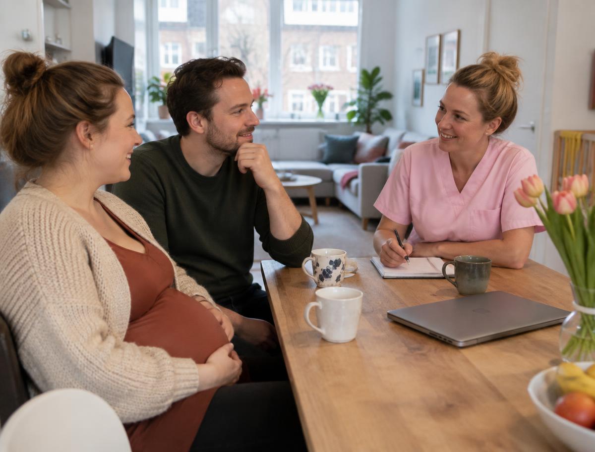 Kraamverzorgster heeft een persoonlijk intakegesprek met aanstaande ouders aan hun keukentafel